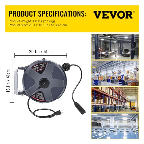 50 FT 14AWG/3C SJTOW Power Cord Reel with Lighted Triple Tap Outlet B650804