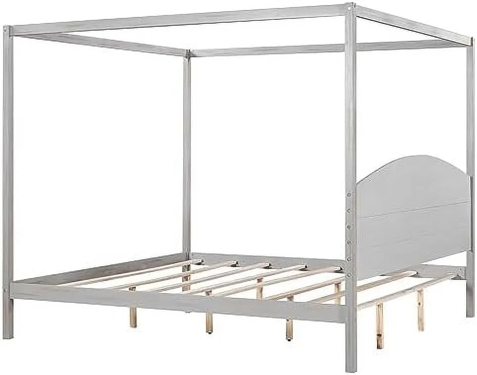 White Queen Size 4-Poster Wood Canopy Bed Frame with Headboard M989223