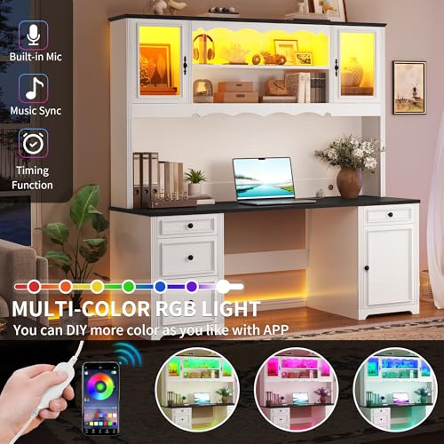 White & Black Executive Desk with Hutch and Drawers, Power Outlet & LED Lights, Storage Shelves, Storage Cabinet with Glass Door H3563