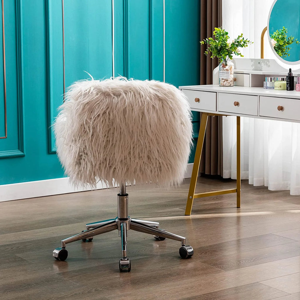 White Faux Fur Swivel Desk Chair with Back S65260