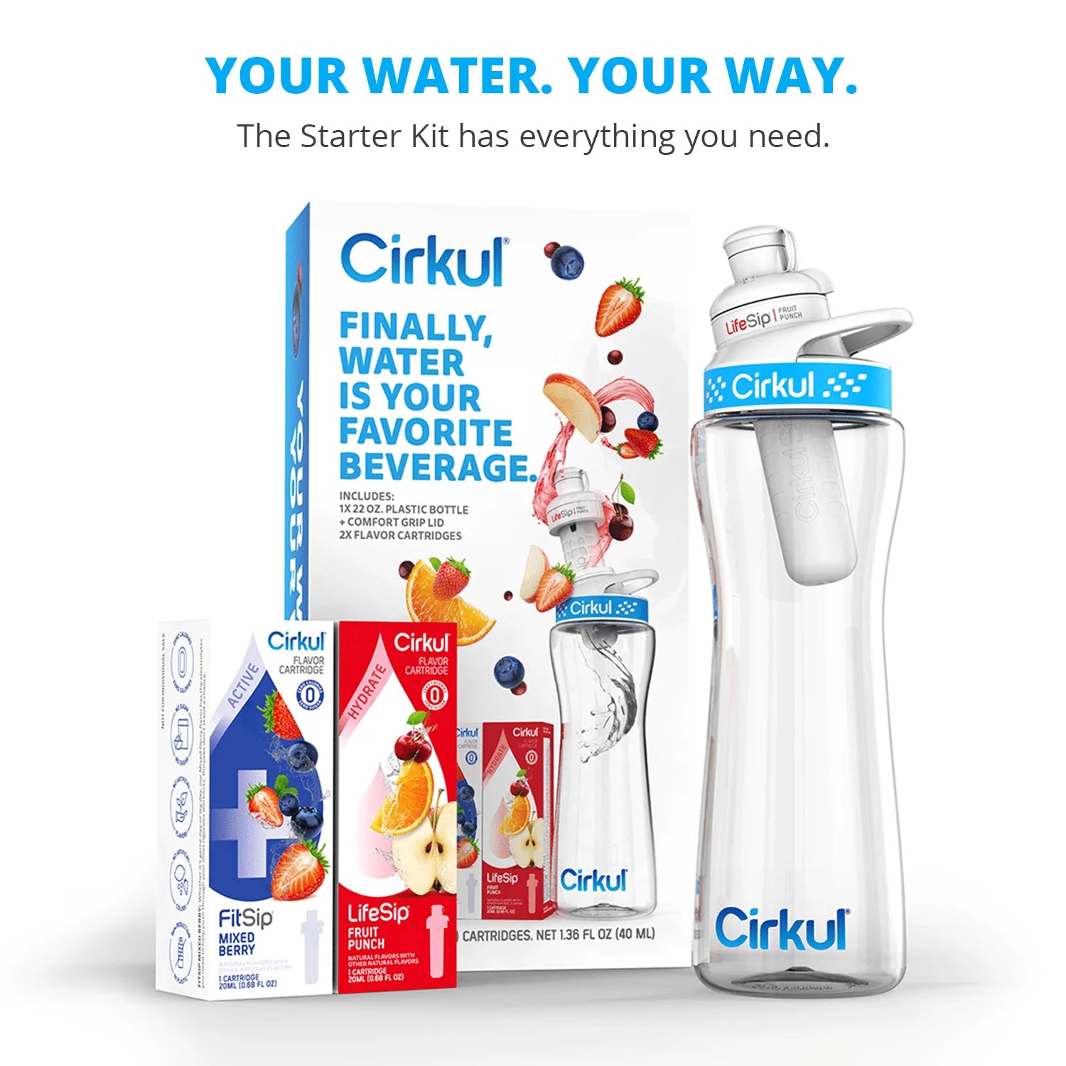 22 oz Plastic Water Bottle with Blue Lid and 2 Flavor Cartridges D156