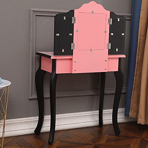 Pink Kids Vanity Table and Chair Set with Tri-Folding Mirror U93016