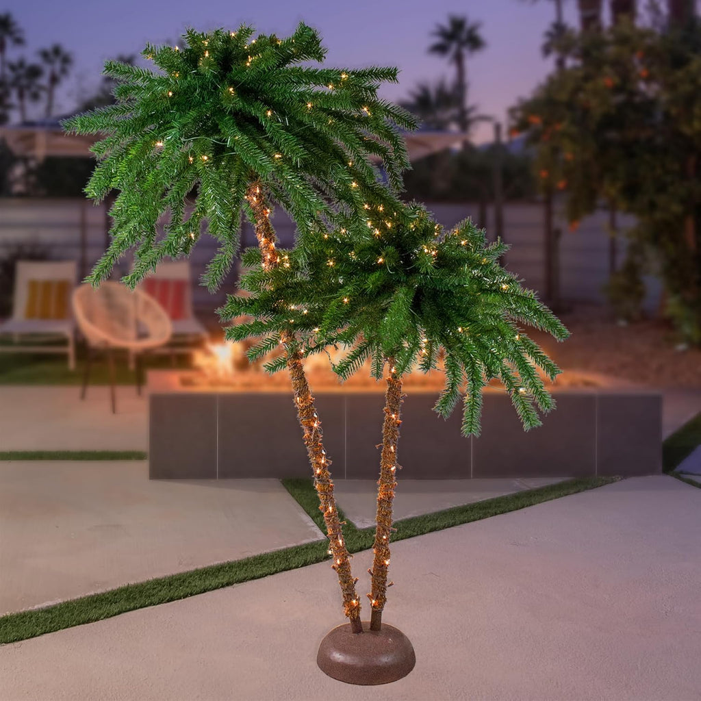 6' Pre-Lit Dual Artificial Tropical Palm Trees P40410