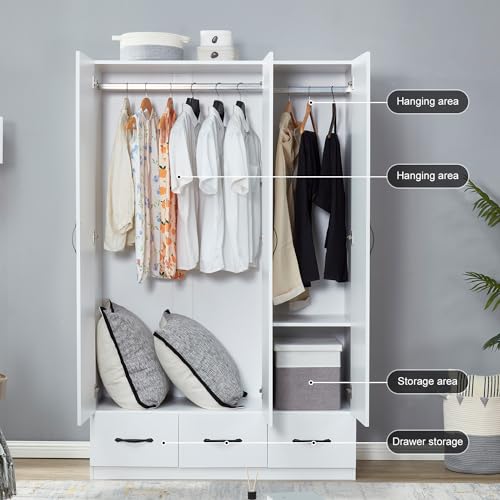 Rattan Armoire Wardrobe Closet Wood 71" Tall with 3 Doors 4 Drawers Mirror Hanging Rod and Shelves X5068