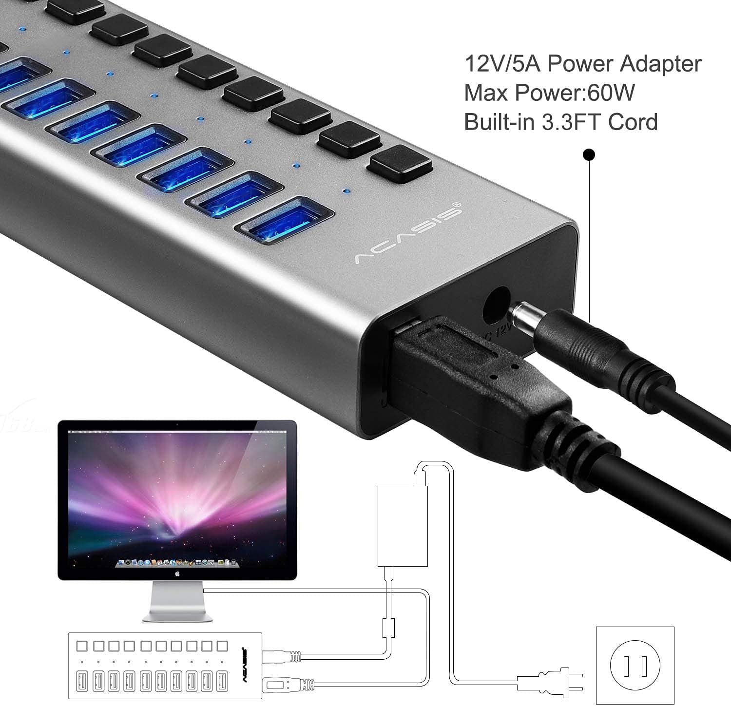 10 Ports 48W USB 3.0 Data Hub with Individual On/Off Switches and 12V/4A Power Adapter N4035