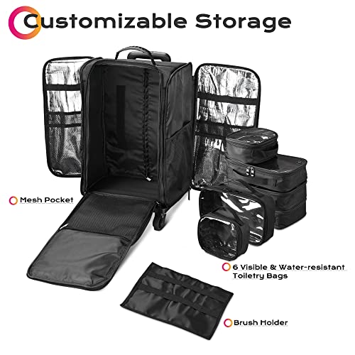 Black Rolling Makeup Train Case Soft Sided Cosmetic Storage Organizer Carry on Travel with Removable Side Pocket Bag X838608