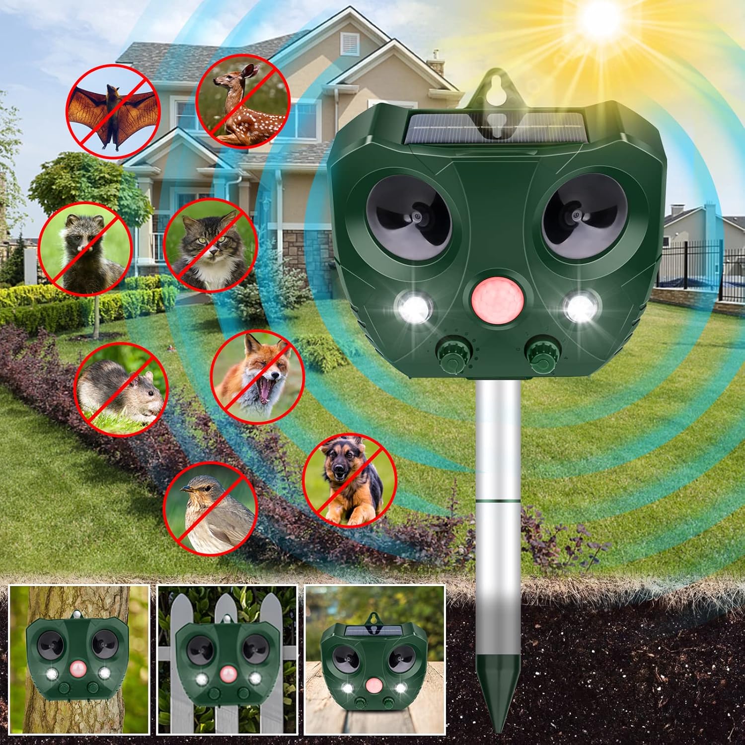 Ultrasonic Solar Pest Animal Repellent with Motion Sensor and Flashing Lights U746