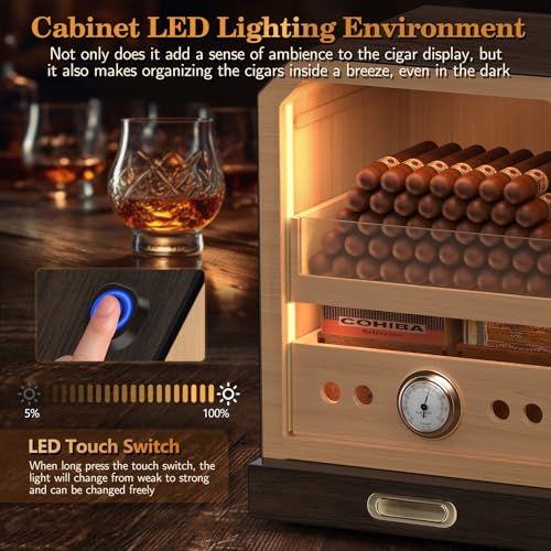 Lighted Magnetic Door Desktop Cigar Humidor Cabinet with Drawer, 3 Layer, Brown B78421