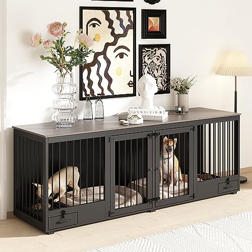 Black Heavy Duty Wooden Dog Crate with Dog Bowl Drawers & Divider L82682