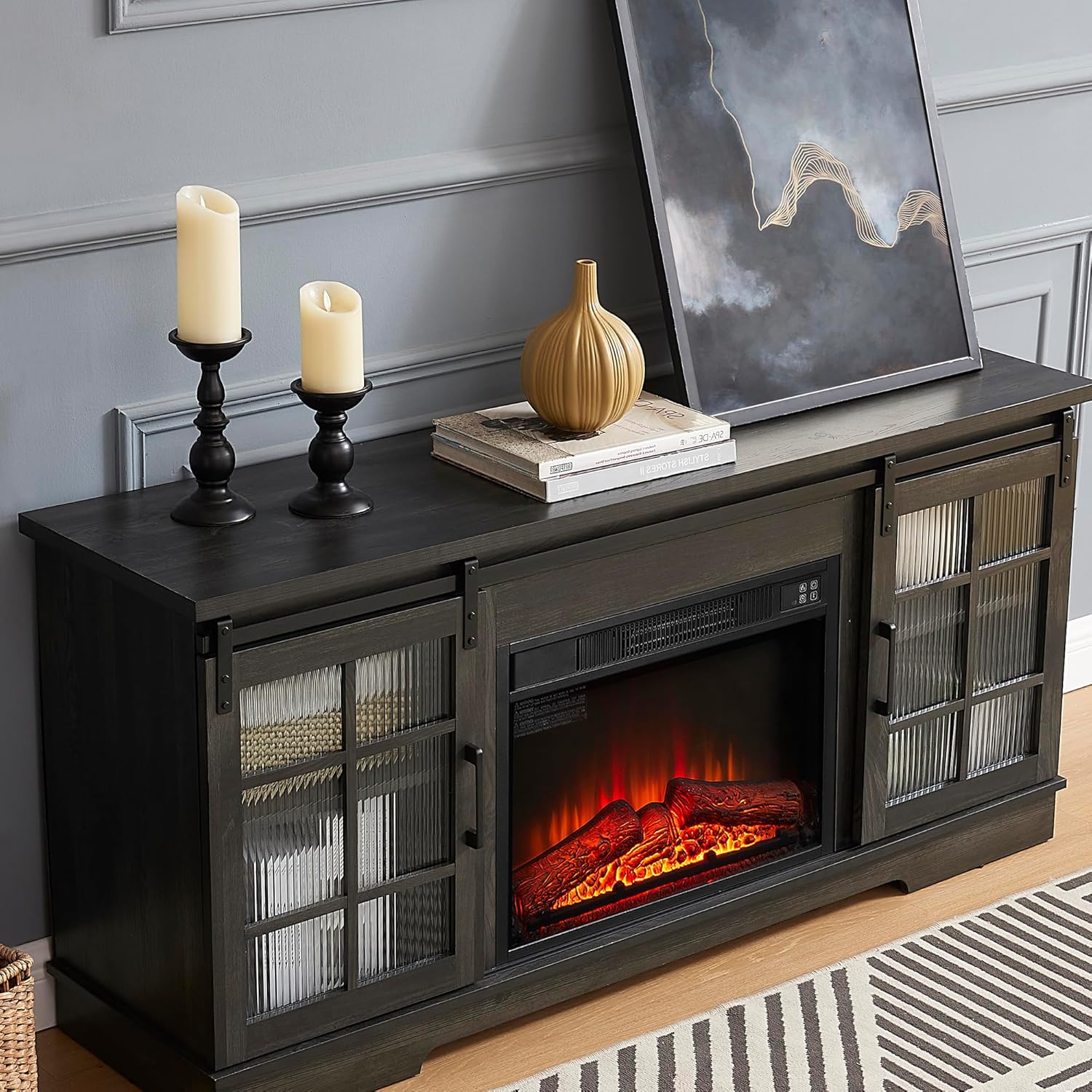 Charcoal Grey Fireplace TV Stand with Storage Drawers and Sliding Door J9751