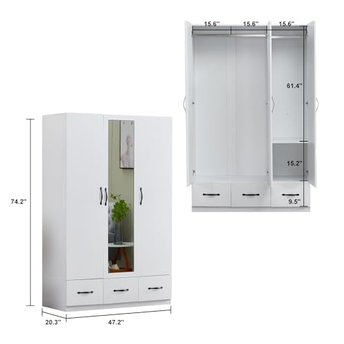 Rattan Armoire Wardrobe Closet Wood 71" Tall with 3 Doors 4 Drawers Mirror Hanging Rod and Shelves X5068