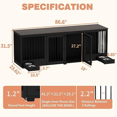 Black Heavy Duty Wooden Dog Crate with Dog Bowl Drawers & Divider L82682
