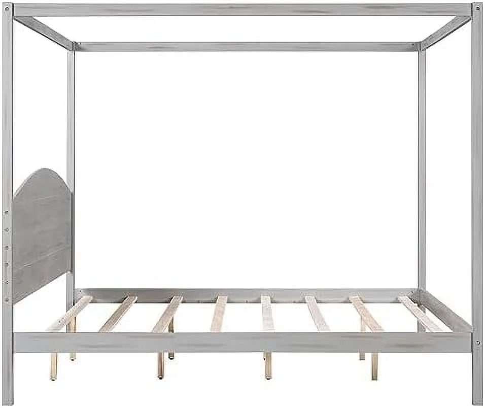 White Queen Size 4-Poster Wood Canopy Bed Frame with Headboard M989223