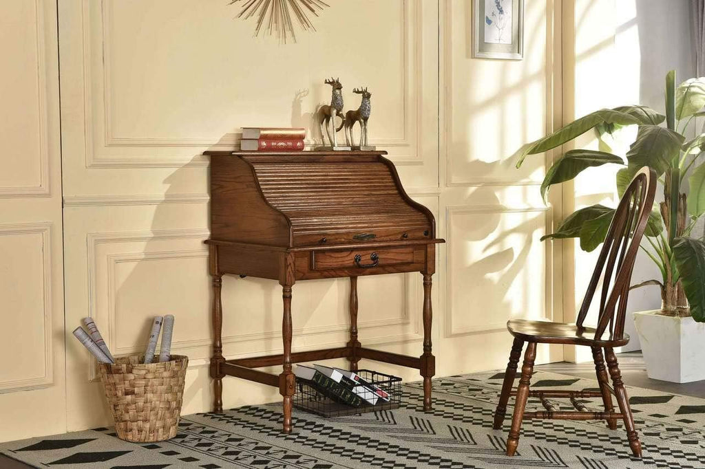 Mini Roll Top Desk Solid Oak Wood Burnished Walnut Finish O82409
