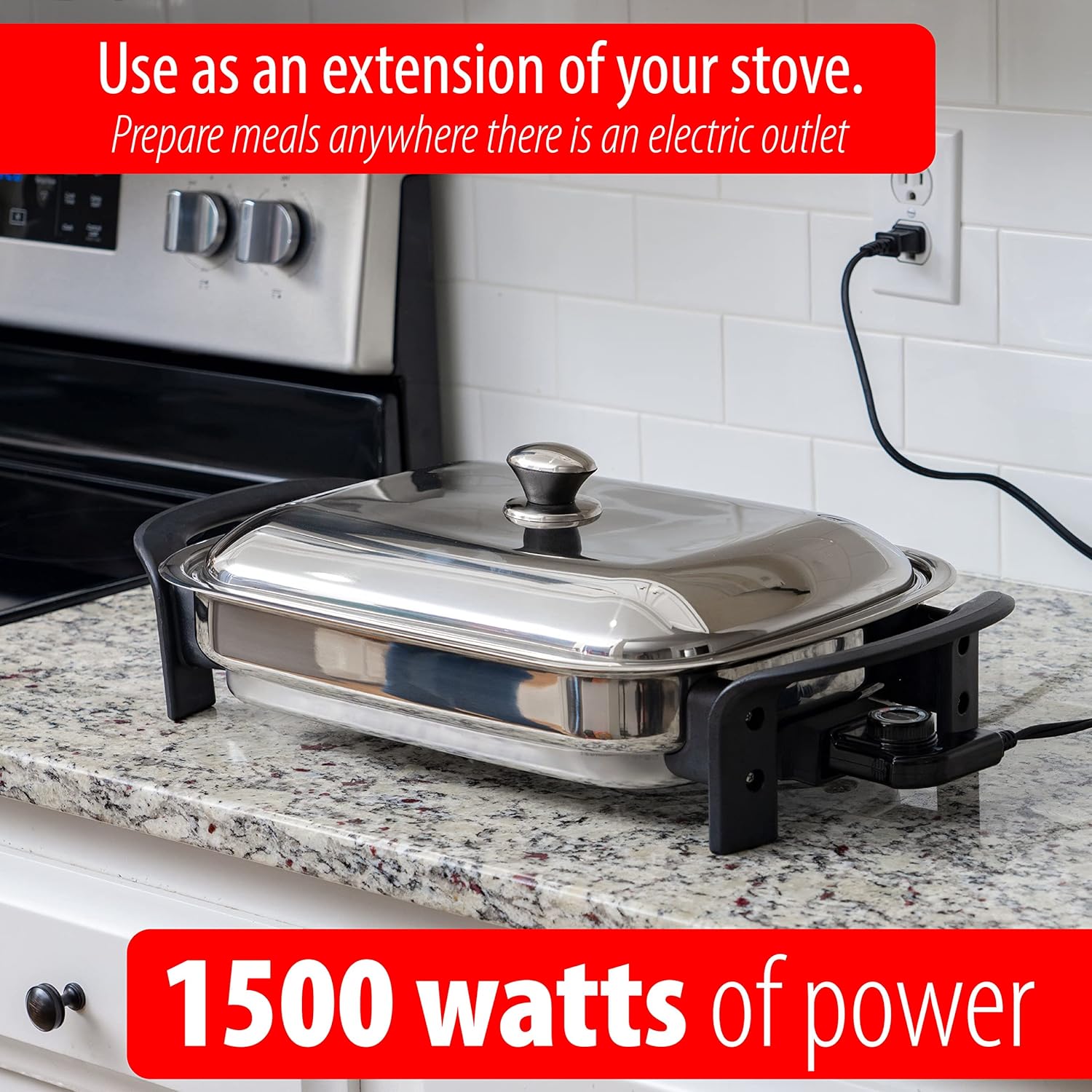 16-Inch Rectangular Stainless Steel Electric Skillet with Lid E5866