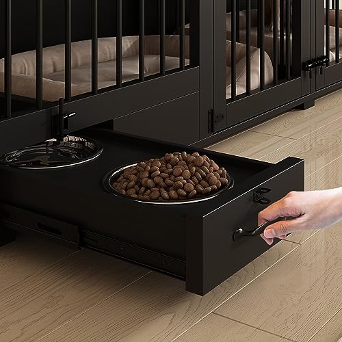 Black Heavy Duty Wooden Dog Crate with Dog Bowl Drawers & Divider L82682