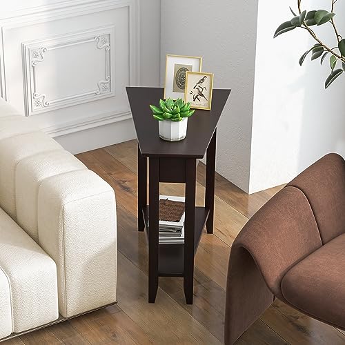 Espresso Wedge End Table with Storage Shelf and Solid Wood Legs N1984
